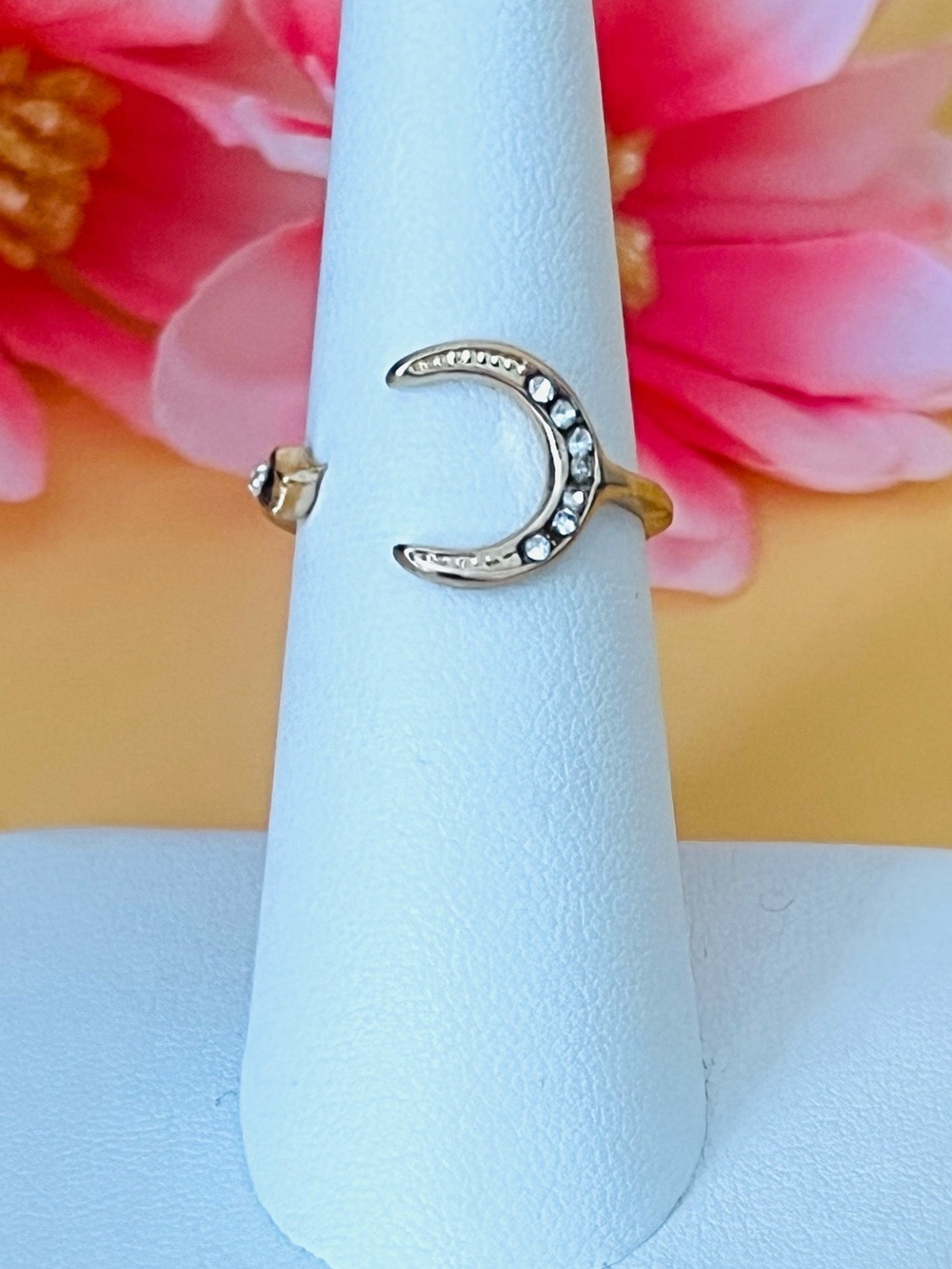 Gold plated crescent moon ring adjustable size tiny clear stones